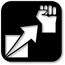 A clenched fist to the right and above the dramatic improvement symbol (an arrow growing from the bottom left to beyound the top right of a square) - both cut out of a black, rounded square shape