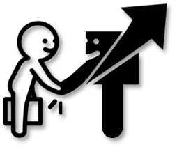 Person icon shaking hands with a personified Drîm (growing arrow from bottom-left to beyond top-right of a box) Icon