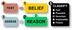 Belief at the top, Reason arrow beneath it, Assess left of Reason, Test left of Belief, Classification right of Belief and Reason  
