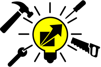 Drim Solution Builder pictogram (black arrow from bottom-left corner to beyond top-right corner) in a yellow light bulb with hammer, spanner and screwdriver icons around it