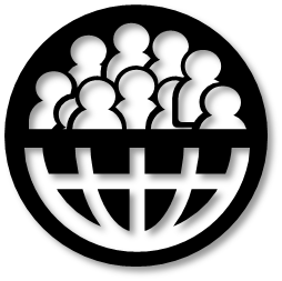 Bottom half of an atlas (globe) with people silhouettes completing the top-half, on a black disc