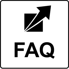 Black dramatic improvement symbol at the top with the word FAQ in black below it