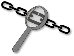 Magnifying glass focuing on a broken link in a chain